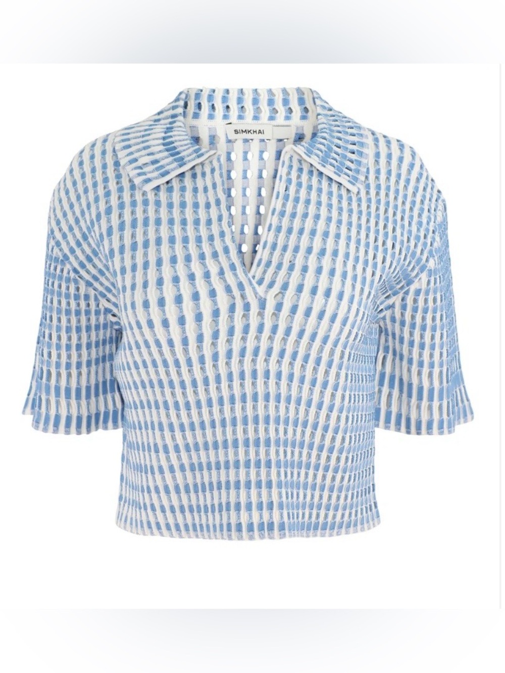 SIMKHAI Adley Cropped Polo Top Blue Hydrangea Multi Crochet Knit Small Preppy